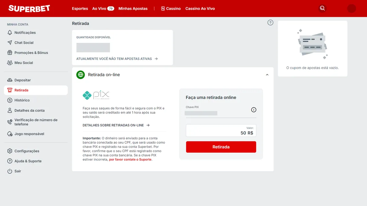 Captura de tela da seção de Retirada da Superbet, mostrando opções de saque via PIX.